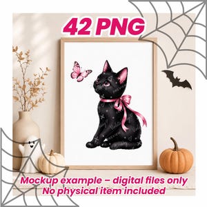 42 Gothic Cat Pink PNG Clipart, Black Cat Witch Sublimation Bundle, Transparent Background Digital Download