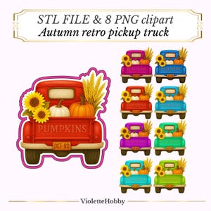 May include: Digital clipart featuring a retro pickup truck loaded with pumpkins, sunflowers, and wheat. The truck is red with the word "PUMPKINS" on the tailgate. Includes 8 PNG images in various colors, perfect for fall-themed crafts.