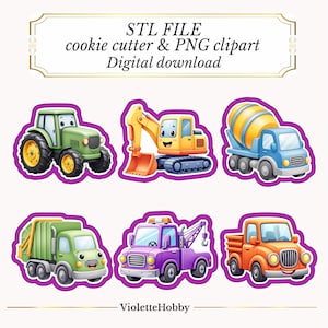 Tagliabiscotti STL – 6 veicoli da costruzione dei cartoni animati – File stampabili in 3D in 3 dimensioni + Clipart PNG per la stampa commestibile