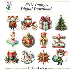 May include: A set of 10 digital Christmas clip art images. The images include a carriage, a nutcracker, a carousel, a Christmas tree, a star, a rocking horse, a present, a Christmas bauble, a ballerina, and a mouse.