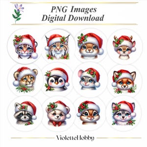 Può includere: Un'immagine scaricabile digitalmente con dodici illustrazioni circolari di animali con cappelli di Babbo Natale. Gli animali includono una tigre, una lince, uno scoiattolo, un cervo, un cucciolo di leone, un pinguino, un topo, una volpe, un procione, un orso, un gatto e un husky.