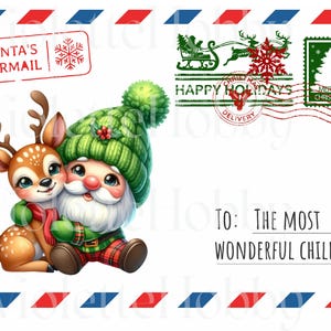 Weihnachtszwerg und Weihnachtsmann druckbare Umschläge Set | Digitaler Download JPEG für Kinderweihnachtsgeschenke | Santa's Airmail Weihnachtskartenhalter