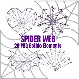 May include: A digital collection of 20 spider web graphic elements in various shapes including a heart, a circle, and fan-like designs. The text SPIDER WEB 20 PNG Gothic Elements is displayed in purple in the center of the image.