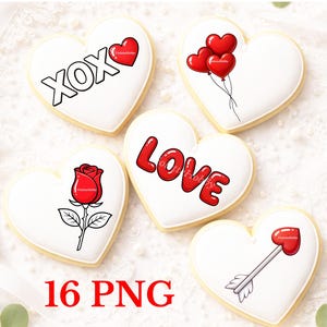 May include: Heart-shaped cookies with white icing and various red designs. Some cookies have the words "XOX" and "LOVE", while others feature a rose, heart balloons, and a heart with an arrow. The number "16 PNG" is displayed in red.
