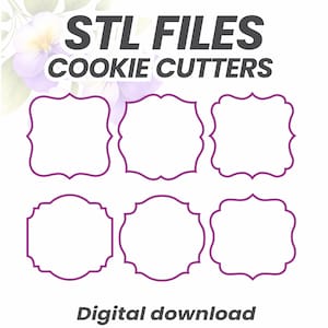 May include: Six purple outlined cookie cutter shapes arranged in two rows of three. The text STL FILES COOKIE CUTTERS appears at the top, and the text Digital download is at the bottom. The shapes feature decorative scalloped edges.
