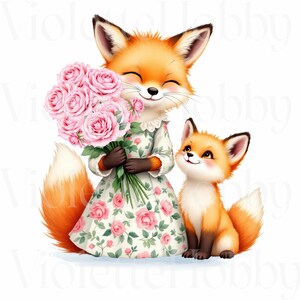 Clipart de mamá zorro y bebé, zorro acuarela PNG para el Día de la Madre, lindos animales del bosque, descarga digital floral para sublimación y manualidades