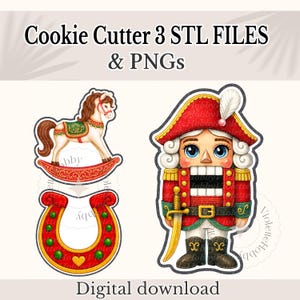 May include: Digital download of three cookie cutter designs: a rocking horse, a horseshoe, and a nutcracker soldier. The designs are in color and include the text "Cookie Cutter 3 STL FILES & PNGs" and "Digital download".