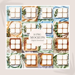 May include: A digital download mockup featuring sixteen square mockups of food items, each arranged in a grid. The mockups are presented on various surfaces, including marble, wood, and fabric, with decorative greenery. The text "16 PNG MOCKUPS Digital download" is in the center.