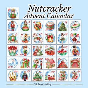 May include: A colorful Nutcracker Advent Calendar with 31 illustrated squares. Each square features a different festive image, including a mouse, a ballerina, a Christmas tree, and a toy soldier. The text "Nutcracker Advent Calendar" is at the top.