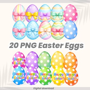 Op de afbeelding: Een verzameling van twintig kleurrijke paaseieren. Sommige eieren hebben stippen, strepen en strikken. Andere tonen de tekst "Happy Easter!" in verschillende kleuren. De afbeelding bevat de tekst "20 PNG Easter Eggs" en "Digital download".