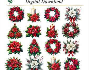 Christmas Wreath & Poinsettia Clipart Set: Holiday Florals (Digital Download)