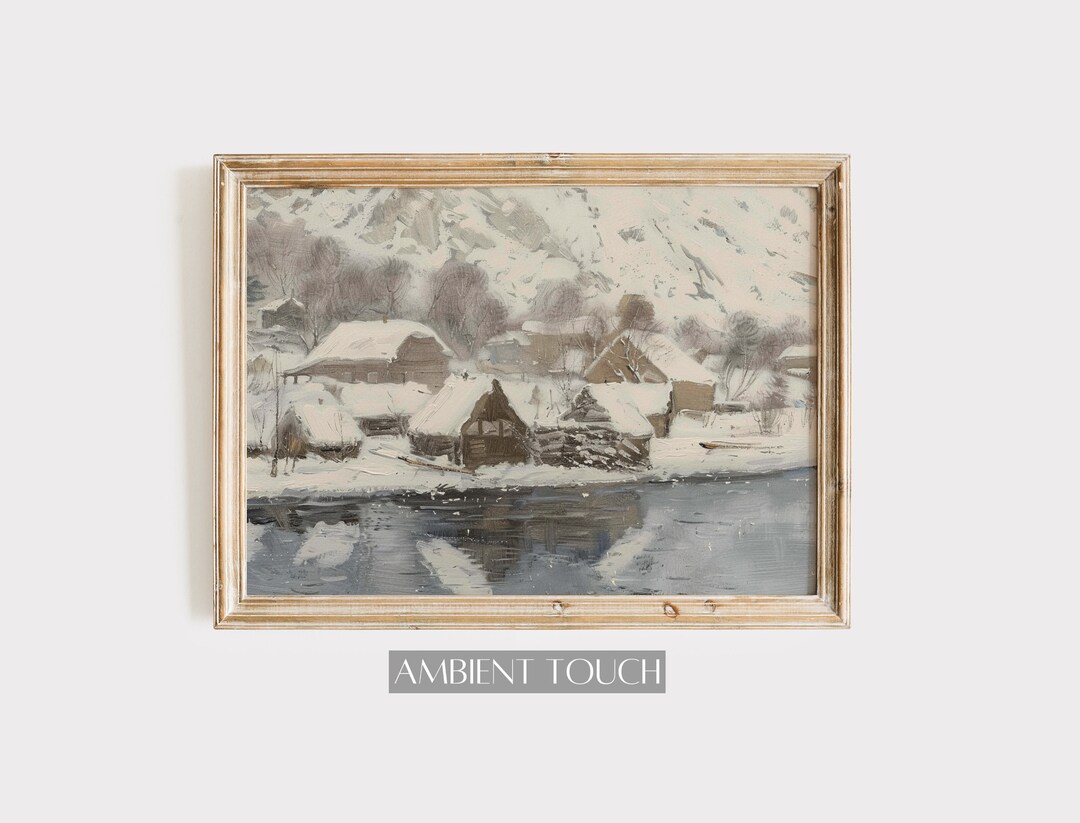 Muted Winter Village Print Vintage Winter Landscape Cottage Wall Decor ...