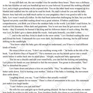 May include: A close-up of a book with the title "Last Known Days of Squad 87". The book is open and the text is visible. The book is being read aloud by a person to a baby.
