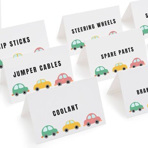Toy Car Party Theme Printable Place Cards. Pop up Toy Car Place Cards. Flat Printable Place Cards