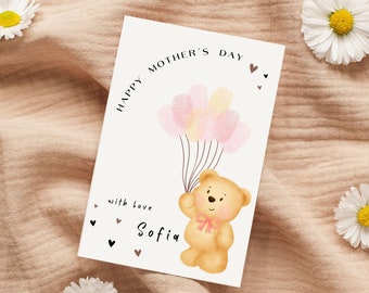 Editable Personalised Mothers Day Card, Printable Mothers Day Card, Digital Card, DIY Card, Fingerprint Card, Bear Card, First Mothers Day.