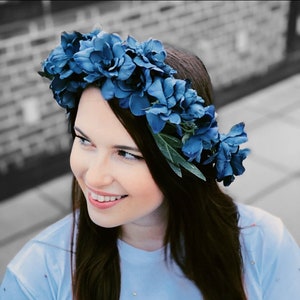 Dark Blue Flower Crown, Blue Floral Head Wreath, Blue Halo Flower Crown, Blue Floral Head Piece, Modeled by Kayla