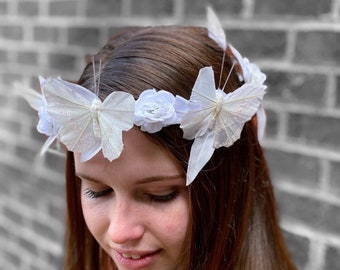 White Flowers and Butterflies Flower Crown, White Butterfly Floral Head Wreath, White Butterfly Halo Flower Crown, Bridal Flower Crown