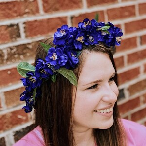 Dark Blue Woodland Flower Crown, Blue Floral Head Wreath, Blue Flower Crown, Blue Halo Flower Crown, Modeled by Kayla