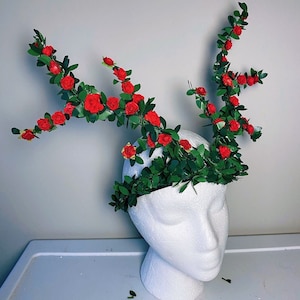 Red Deer Antler Flower Crown, Deer Antler Floral Headband, Deer Antler Flower Headband, Christmas Flower Crown, Modeled by Julia