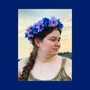 Blue and Purple Floral Head Wreath, Blue and Purple Flower Crown, Blue and Purple Floral Headpiece, Modeled by Julia