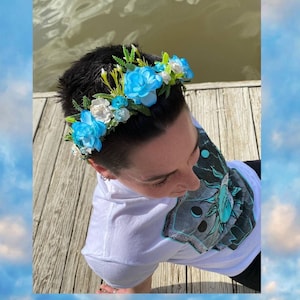 Sky Blue Woodland Floral Headband, Blue Woodland Flower Crown, Blue Floral Crown, Blue Flower Headband, Modeled by Carlee