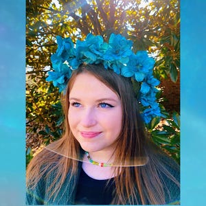 Teal Blue Floral Head Wreath, Teal Blue Flower Crown, Teal Blue Floral Crown, Teal Blue Halo Crown, Teal Headpiece, Modeled by Kayla