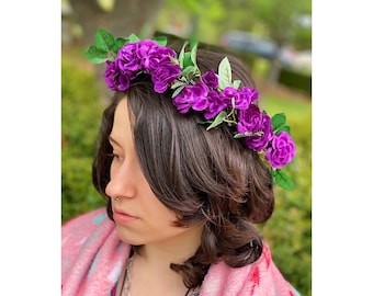 Purple Woodland Flower Crown, Purple Floral Head Wreath, Purple Floral Crown, Purple Floral Headpiece, Modeled by Audrey