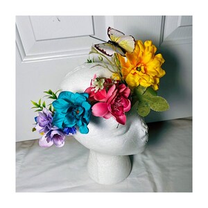 Vibrant Multicolored Flowers and Butterflies Floral Head Wreath, Flowers and Butterflies Flower Crown