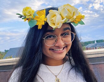Yellow Woodland Floral Head Wreath, Yellow Flower Crown, Yellow Halo Crown, Yellow Floral Headpiece, Yellow Bridal Crown