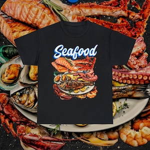 Seafood Vintage T-Shirt • Retro 90s Graphic Bootleg Tee • Lobster Shrimp Crab Fish Squid Food Shirt High Quality • Unisex Men Women Gift