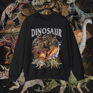 Puede incluir: Sudadera negra con un estampado gráfico de varios dinosaurios, incluyendo un Tyrannosaurus Rex, un Triceratops y un Stegosaurus. El texto "DINOSAUR" está impreso en letras blancas sobre los dinosaurios.