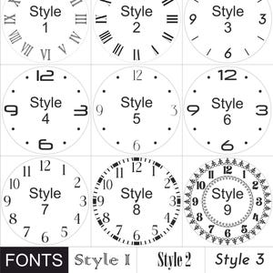 May include: Nine different clock face designs with Roman numeral, Arabic numeral, and dot hour markers. The designs are labeled "Style 1" through "Style 9". The text "FONTS" is displayed at the bottom of the image, followed by the text "Style 1" through "Style 8" to indicate the font styles used in the clock face designs.