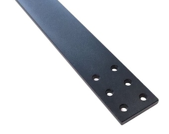May include: A flat, rectangular black metal bracket featuring a smooth, matte finish. The bracket has a long, solid upper section and a wider lower section that contains six circular, evenly spaced mounting holes arranged in two parallel columns.
