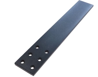 May include: A flat, rectangular black metal bracket featuring a textured finish. One end of the bracket is wider and contains six circular pre-drilled holes arranged in two parallel rows of three, designed for secure mounting or attachment purposes.
