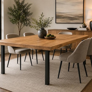 May include: A rectangular dining table with a thick natural wood grain top and four sturdy black metal legs. The table is surrounded by six upholstered chairs featuring light gray fabric seats and slim black metal legs, creating a set.