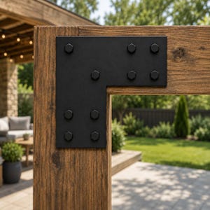 May include: A matte black L-shaped metal corner bracket secured with eight matching hexagonal bolts, mounted onto the corner of a thick, textured brown wooden beam. The bracket provides structural reinforcement at the right-angled joint.