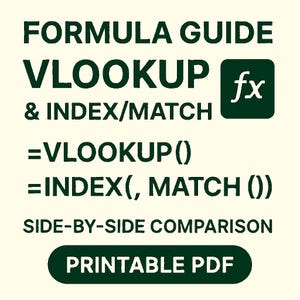 Op de afbeelding: Een crèmekleurige afbeelding met donkergroene tekst. De tekst luidt "FORMULA GUIDE VLOOKUP & INDEX/MATCH" en bevat formules voor VLOOKUP en INDEX/MATCH. De afbeelding vermeldt ook "SIDE-BY-SIDE COMPARISON" en "PRINTABLE PDF".