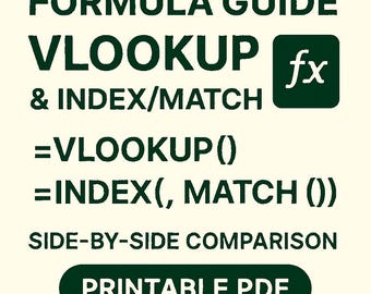 Excel Formula Guide | VLOOKUP & INDEX/MATCH Cheat Sheet | Printable Digital Download