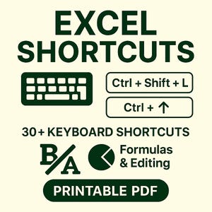 May include: A printable PDF with Excel shortcuts. The image features the text "EXCEL SHORTCUTS" in bold, dark green letters. It includes a keyboard graphic, shortcut examples like "Ctrl + Shift + L", and the phrase "30+ KEYBOARD SHORTCUTS".