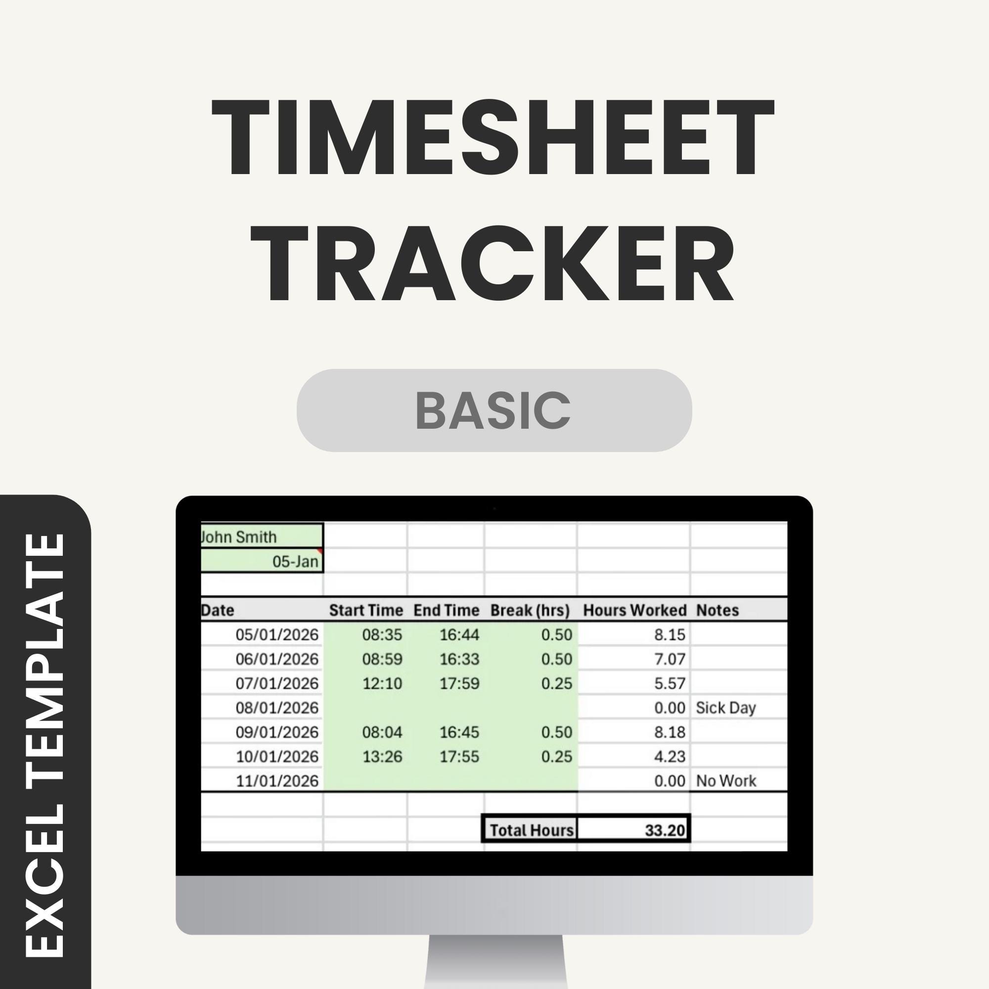 Basic Timesheet Tracker Excel Template | Weekly Work Hours Log ...