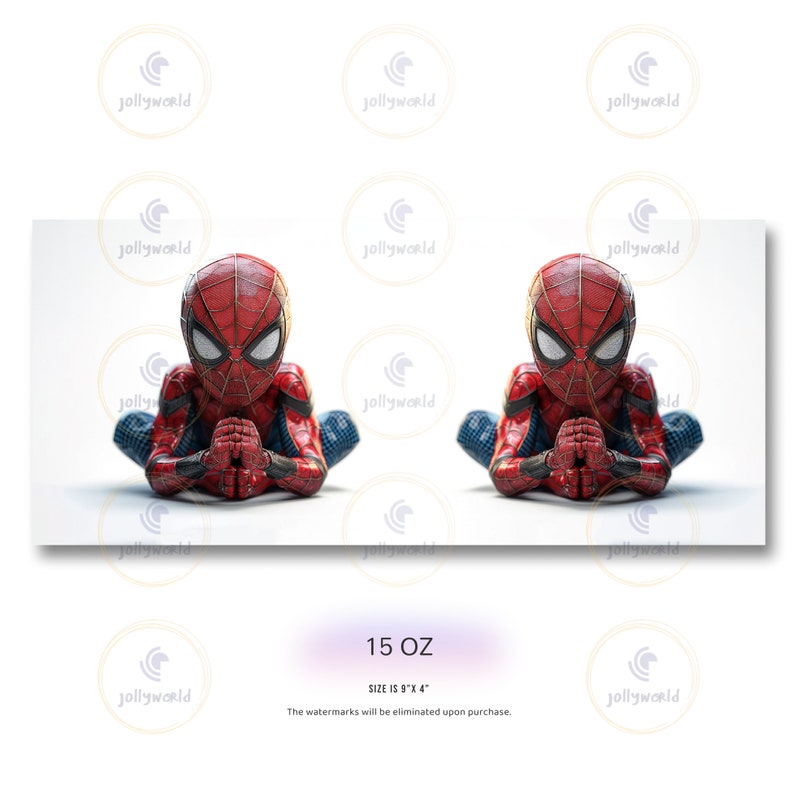 K&ouml;nnte beinhalten: Zwei Figuren von Spider-Man in sitzender Position mit gefalteten H&auml;nden im Gebet. Die Figuren sind rot und blau mit schwarzen Netzdetails. Das Bild hat den Text "15 OZ" und "GR&Ouml;SSE IST 22.86 cm x 10.16 cm" am unteren Rand.