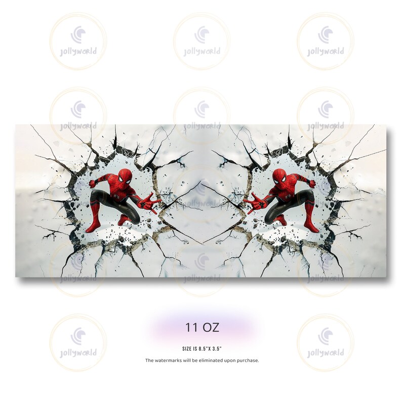 Puede incluir: Un personaje de Spider-Man rojo y azul se muestra rompiendo una pared de concreto agrietada. La imagen es una ilustraci&oacute;n digital. El texto "11 OZ" y "SIZE IS 8.5" x 3.5" se muestra en la parte inferior de la imagen. Las marcas de agua se eliminar&aacute;n al comprar.