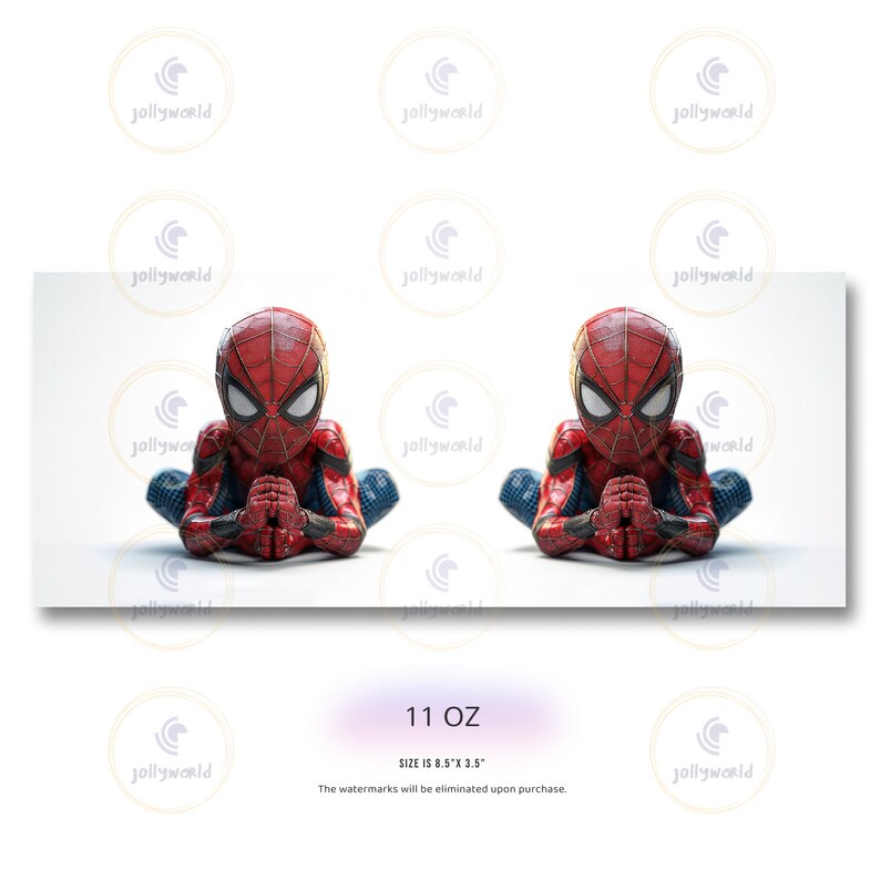 K&ouml;nnte beinhalten: Eine rot-blaue Spider-Man-Figur in sitzender Position mit gefalteten H&auml;nden. Die Figur hat eine detaillierte Textur und befindet sich vor einem wei&szlig;en Hintergrund. Der Text "11 OZ" und "SIZE IS 21.6cm x 8.9cm" ist sichtbar.