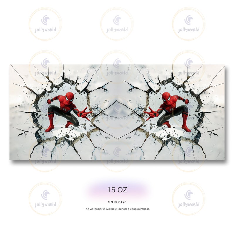 Puede incluir: Un personaje de superh&eacute;roe rojo y azul, Spider-Man, est&aacute; rompiendo un muro de concreto agrietado. La imagen est&aacute; reflejada, mostrando dos figuras de Spider-Man. El texto "15 OZ" y "SIZE IS 9" x 4" est&aacute; en la parte inferior de la imagen.