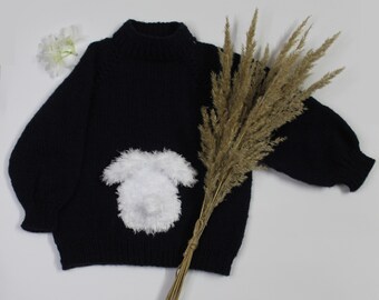 Hand Knitted Toddler Navy Sweater with Rabbit 12-18 months, Boy's sweater, Girl's Sweater, Gender-Neutral Kids', Ready for ship