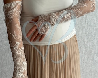 Ivory Chantilly Lace Wedding Sleeves: Fingerless Bridal Arm Cover, Custom Opera Gloves