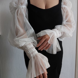 May include: White sheer long-sleeved blouse with puffed shoulders and ruffled cuffs.