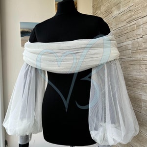 May include: White off-the-shoulder top with long, puffy sleeves made of sheer mesh fabric.