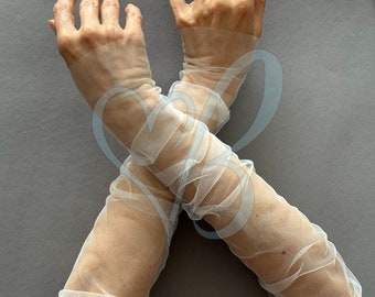 Long Tulle Wedding Sleeves: Custom Bridal Fingerless Gloves, Sheer Opera Glove, Bridal Sleeve
