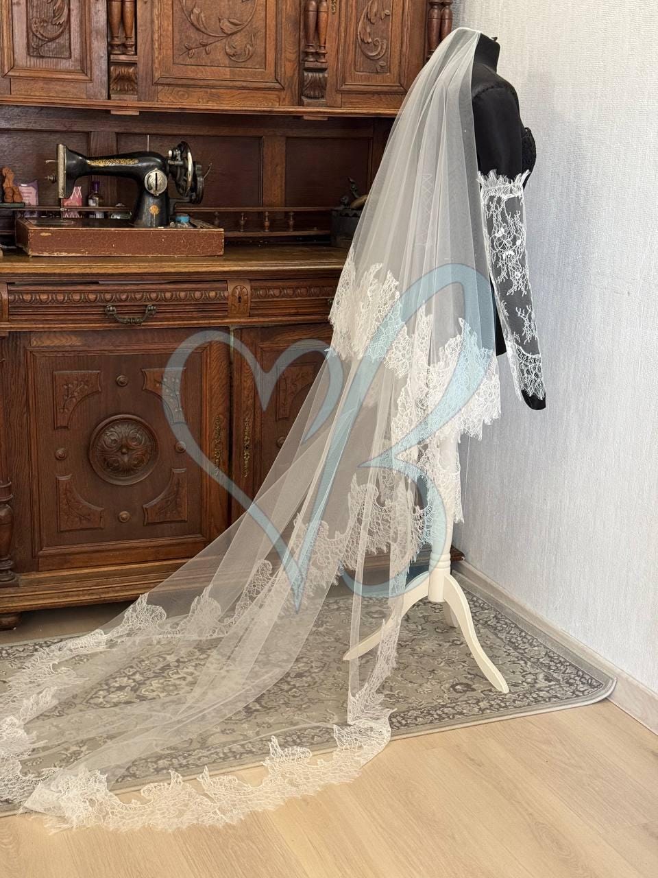Velo Da Sposa Vintage In Pizzo Nero 180cm, Con Perline, Per Look  Drammatici